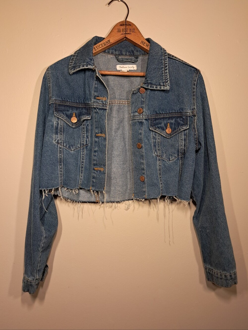 Streetwear Society Distressed Cropped Denim Jacket in Medium Blue